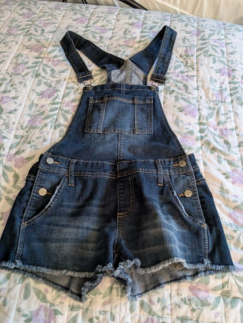 Mudd Small Dark Blue Denim Jean Short Overalls With Distressed Hem